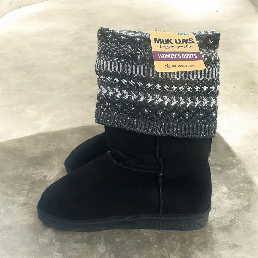 Muk Luks Janie Black Faux Fur Lined Knit Boots NWT Size 10